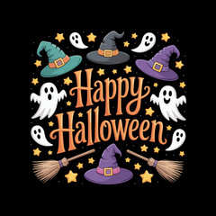 Cute Happy Halloween Illustration with Black Cat, Ghosts, Witches and Brooms