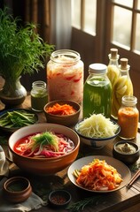 Top view rustic illustration of fermented foods — kimchi, sauerkraut, kombucha, miso paste, pickled vegetables, herbs, spices on wooden table, bright natural light, cozy organic kitchen atmosphere.
