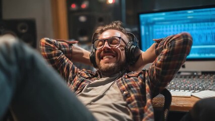 A joyful sound engineer leans back in their chair with a huge smile, celebrating after listening to the final mix on high-end.