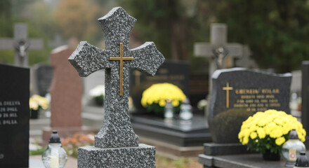 Fototapeta premium Cross Tombstone Serenity Autumn Cemeterys Peaceful Remembrance.