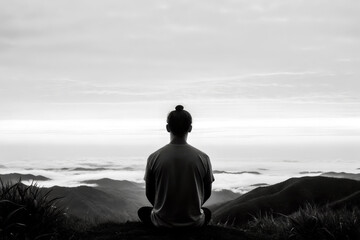 A silhouette of a person standing on a mountain peak, gazing at the misty horizon of rolling mountains.