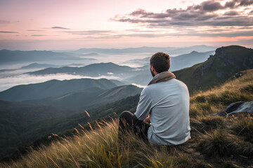 A silhouette of a person standing on a mountain peak, gazing at the misty horizon of rolling mountains.