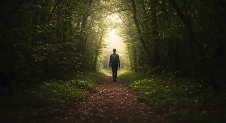 Ethereal Morning Light Guides a Hiker Through a Verdant Tree Tunnel
