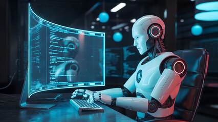 Advanced humanoid robot expertly coding complex algorithms on futuristic holographic interface, showcasing AI innovation and digital transformation
