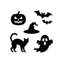 Scary Halloween Pumpkin with Black Cat, Witch Hat, and Flying Bats on White Background