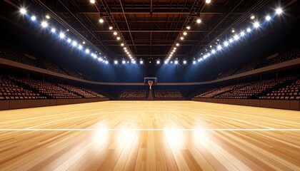 Empty brightly lit basketball court ready for game night under stadium lights