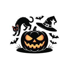 Scary Halloween Pumpkin with Black Cat, Witch Hat, and Flying Bats on White Background