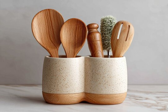 Wooden kitchen utensils in a cream-colored ceramic utensil holder - Powered by Adobe