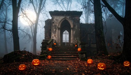 Halloween spooky ruin in misty forest