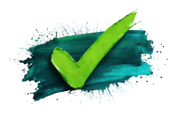 Bright Green Check Mark on Blue Brush Stroke with Transparent Background for Successful Approval