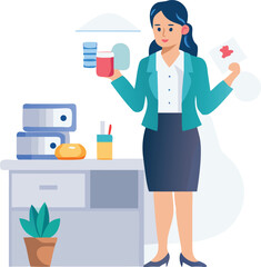 Businesswoman reviewing documents and financial data at her office desk