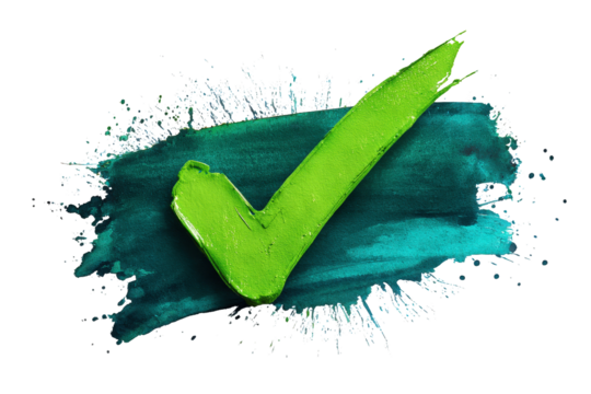 Bright Green Check Mark on Blue Brush Stroke with Transparent Background for Successful Approval