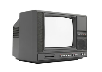 A vintage dark grey CRT television with a blank white screen and red LEDs, captured in a retro-futuristic 3/4 studio view against a transparent background, concept of nostalgic technology display