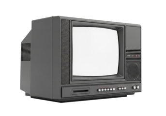 A vintage dark grey CRT television with a blank white screen and red LEDs, captured in a retro-futuristic 3/4 studio view against a transparent background, concept of nostalgic technology display