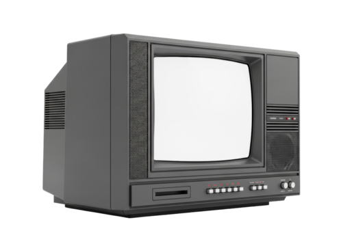 A vintage dark grey CRT television with a blank white screen and red LEDs, captured in a retro-futuristic 3/4 studio view against a transparent background, concept of nostalgic technology display