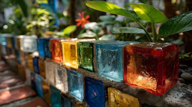 Radiant Wall of Jewel-Toned Glass Cubes Glowing in a Lush Garden