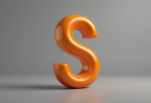 Glossy orange 3d letter s standing on a smooth reflective surface with soft lighting