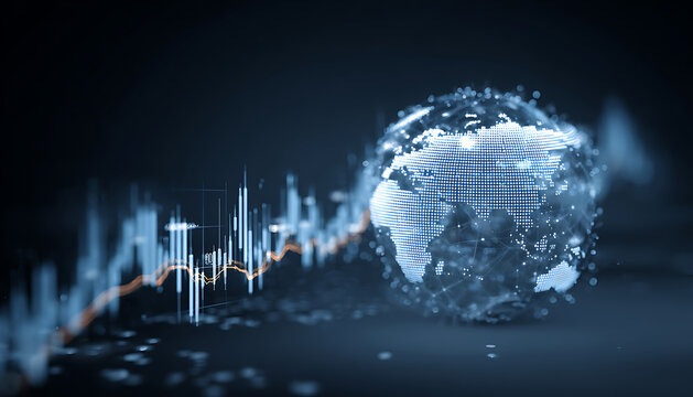 Futuristic 3D globe with glowing network connections and financial data line graph world earth