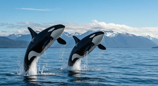 Orcas Joy Two killer whales leap high in Alaskan waters with mountains backdrop.