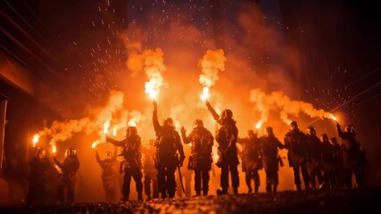 Protesters advance with flares in nighttime demonstration against local policies