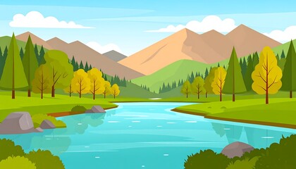 Obraz premium Serene Landscape Illustration Depicting Mountains, River, Trees, and Sky in Vibrant Colors