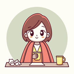 Cute Cartoon Girl Feeling Sick Wrapped in Blanket with Hot Drink