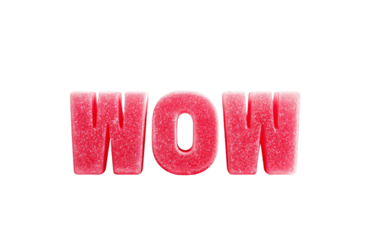 Bright Red Glittered Wow Text on Transparent Background for Attention Grabbing Design