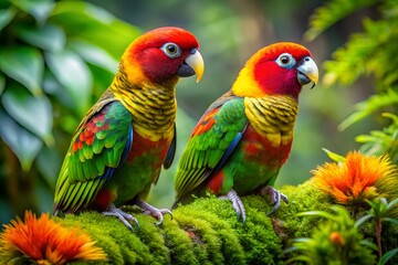 Fototapeta premium Two Eclectus Parrots Perched on Mossy Branch with Flowers