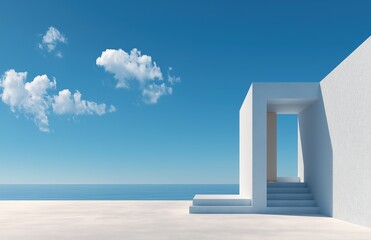Serene minimalist white seaside retreat with geometric purity, featuring an open door framing the ocean under a vast blue sky and solitary cloud