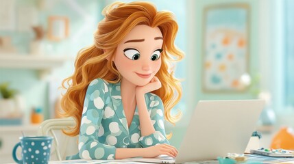 Woman with curly hair enjoying laptop work in cozy home setting