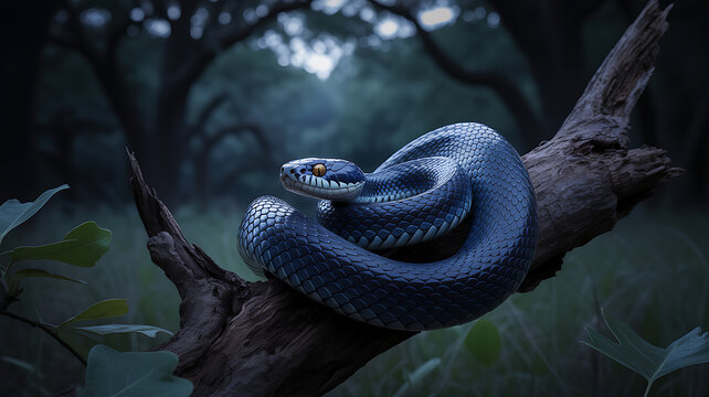 A detailed, hyper-realistic close-up of a dark blue snake, coiled around a rough tree branch in a dimly lit forest, with dramatic low-key lighting, strong shadows, cinematic depth of field, ultra-shar