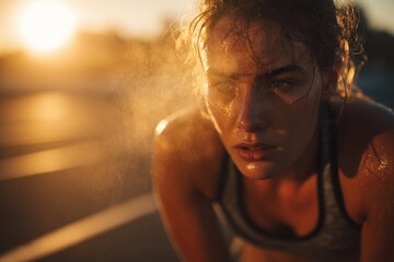 Determined female athlete sweating and breathing heavily after intense outdoor workout at sunset

