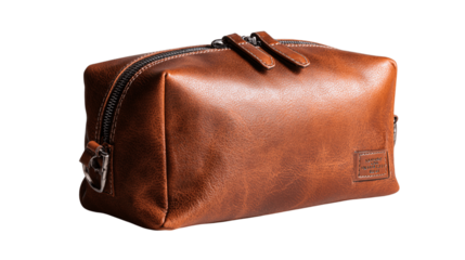 A centered view of designer leather toiletry bag, white background --ar 16:9