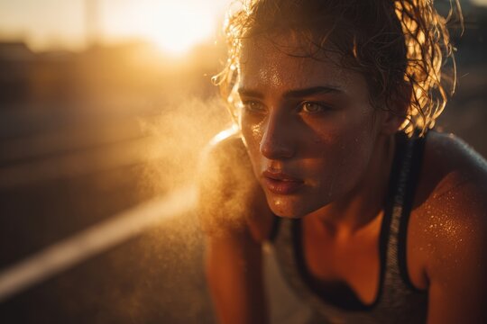 Determined female athlete sweating and breathing heavily after intense outdoor workout at sunset

