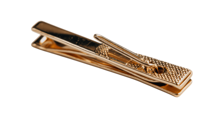 A minimal display of gold-plated tie clip, white background --ar 16:9