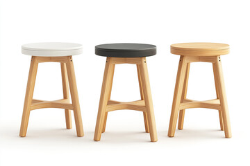 Modern wooden bar stools with white, black, and natural wood seats create stylish seating options.