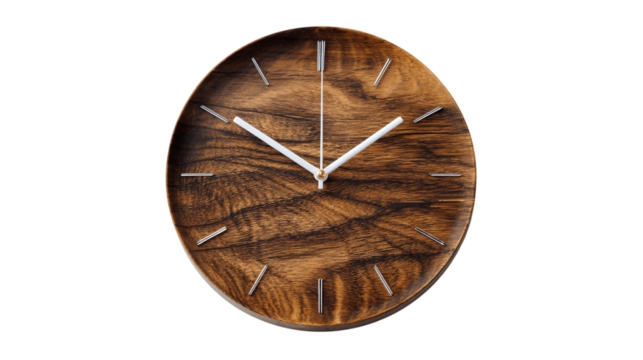 A minimal display of wooden wall clock, white background --ar 16:9 - Powered by Adobe