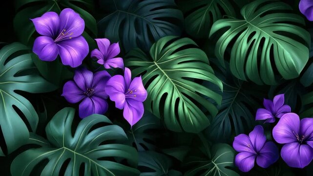 Purple flower with green tropical leaf and exotic plant foliage bloom, vibrant nature scene featuring lush tropical green monstera leaves and colorful exotic bloom in natural setting