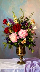 Vibrant bouquet of peonies, roses, lilies, and snapdragons in an ornate vase on a draped table