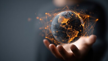 A person's hand cradles a translucent, glowing orb depicting the Earth, encircled by a network of interconnected nodes, symbolizing global connectivity and digital interaction