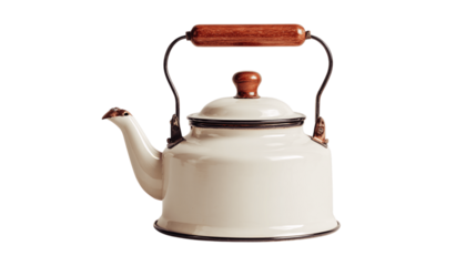 A standalone vintage enamel kettle, white background --ar 16:9