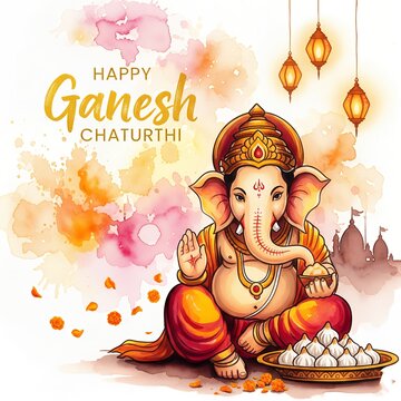 Happy Ganesh Chaturthi 2025 minimalistic poster with festive themed elements
