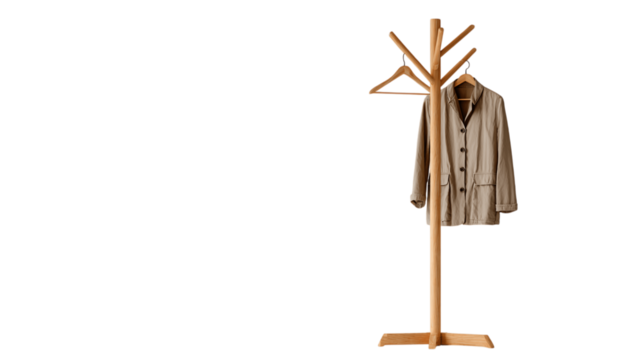A standalone wooden coat rack, white background --ar 16:9