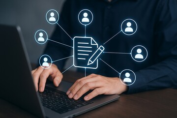 Person using laptop with digital document and connected user icons computer hand