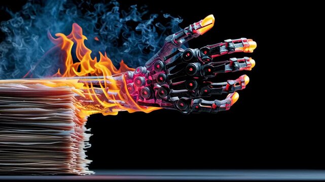 Burning industrial papers and robotic hand engulfed in fire and smoke symbolize impact of war and challenges in technology flow