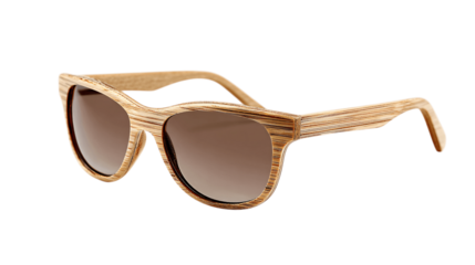 An isolated designer bamboo sunglasses, white background --ar 16:9