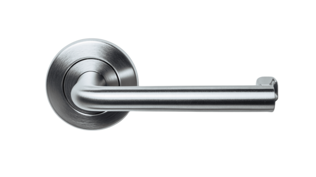 An isolated brushed steel door handle, white background --ar 16:9