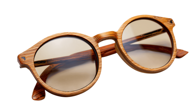 An isolated designer bamboo sunglasses, white background --ar 16:9