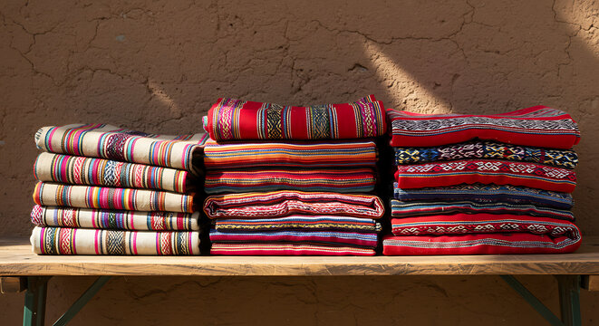 "Stack of folded Peruvian textiles with vivid stripes and geometric motifs, woven from alpaca wool. Placed on a rustic bench with an adobe wall background, lit by soft afternoon sunlight."