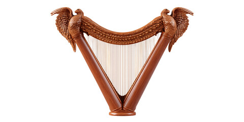 Ornate wooden harp with eagle carvings, a symbol of Irish heritage and musical artistry, showcasing craftsmanship and cultural significance